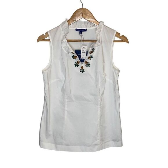 RSVP by TALBOTS Women White Poplin Blouse Ruffle Pineapple Embellished Small New - Picture 2 of 10